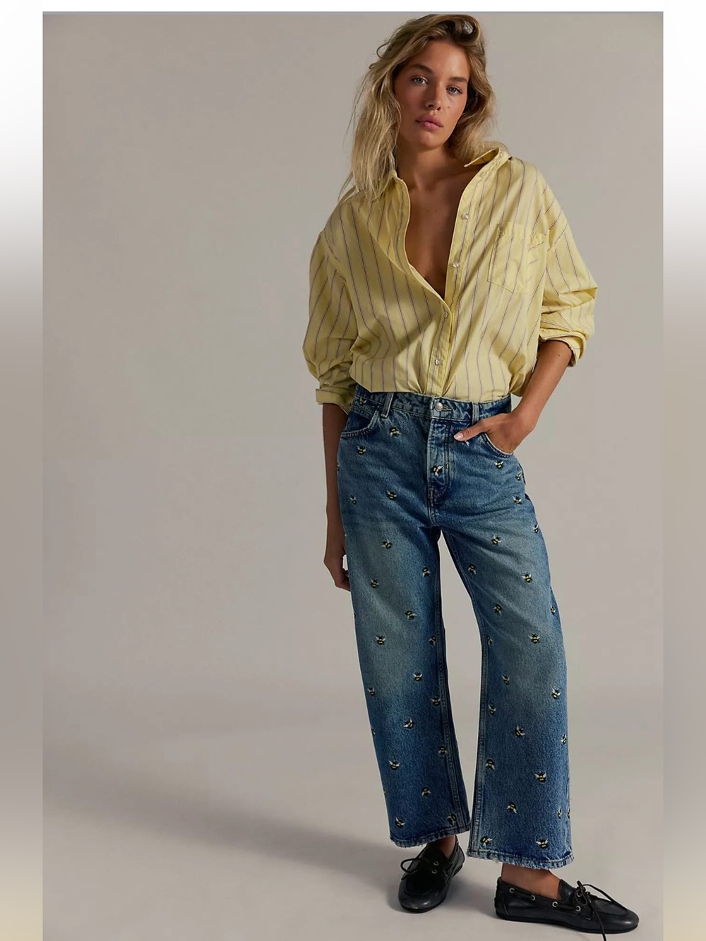 Free People Deep Trance Buzz Off 🐝 Embroidered Dropped Boyfriend Jeans Size 30